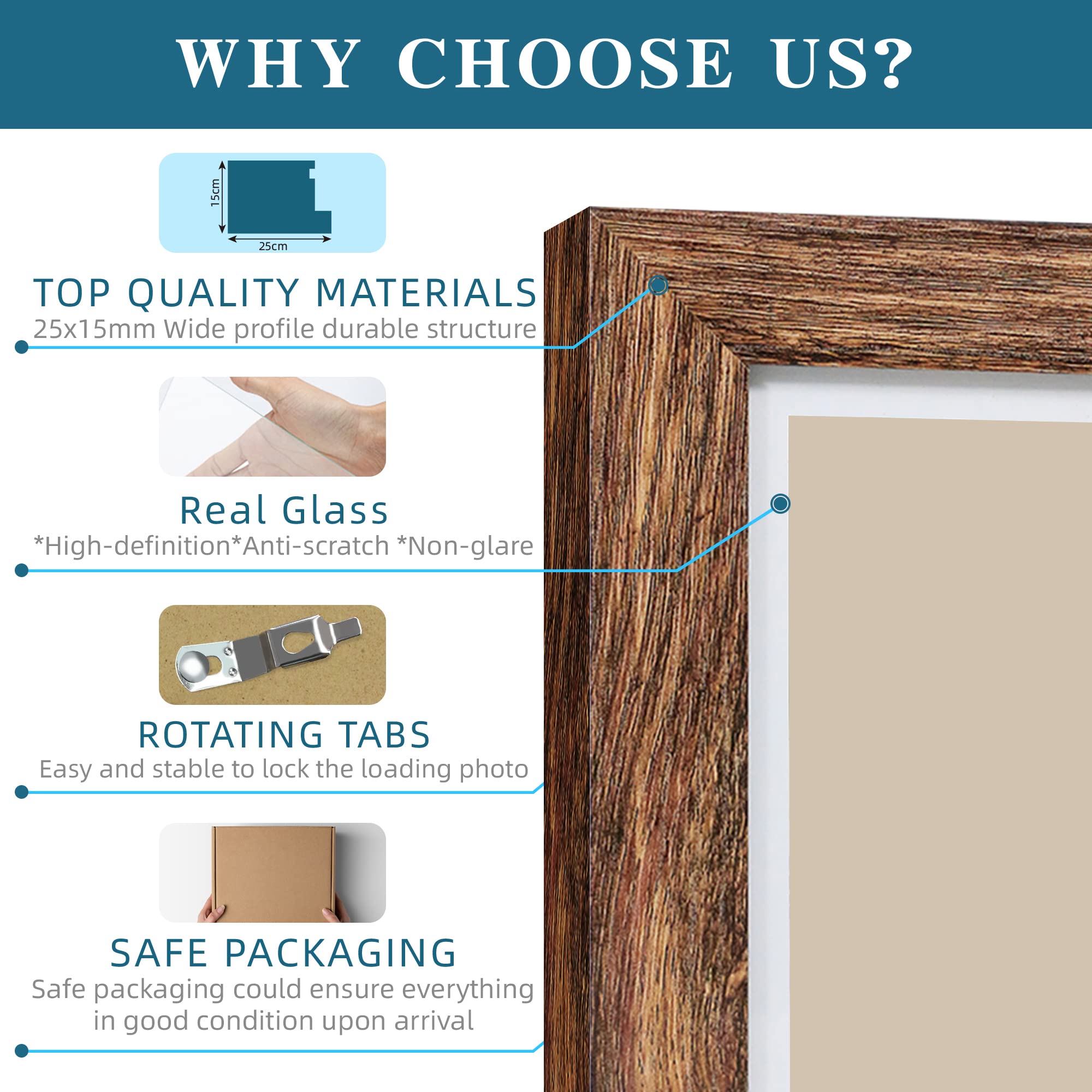 Hongkee 6x9 Picture Frame Set of 4, Made of Real Glass and Rustic Brown Wooden Frame - 6 by 9 Photo for Wall or Tabletop Display